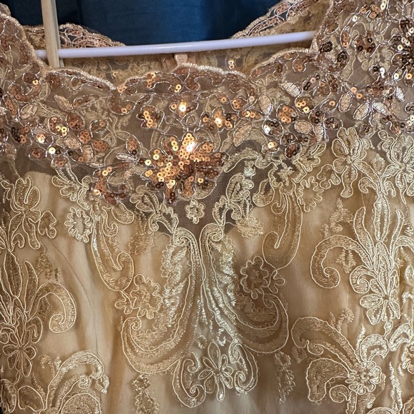 Gold Lace Embroidered Dress with Sequins and Waist Rhinestone Detail - Picture 6 of 6